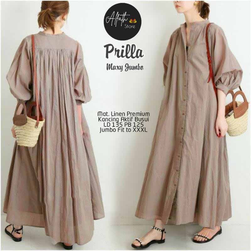 NDS29 GrosirBajuBandung17 ( TERBARU ) Gamis Prilia Maxy Dress Bahan Polo Linen Model Elegan Simple B