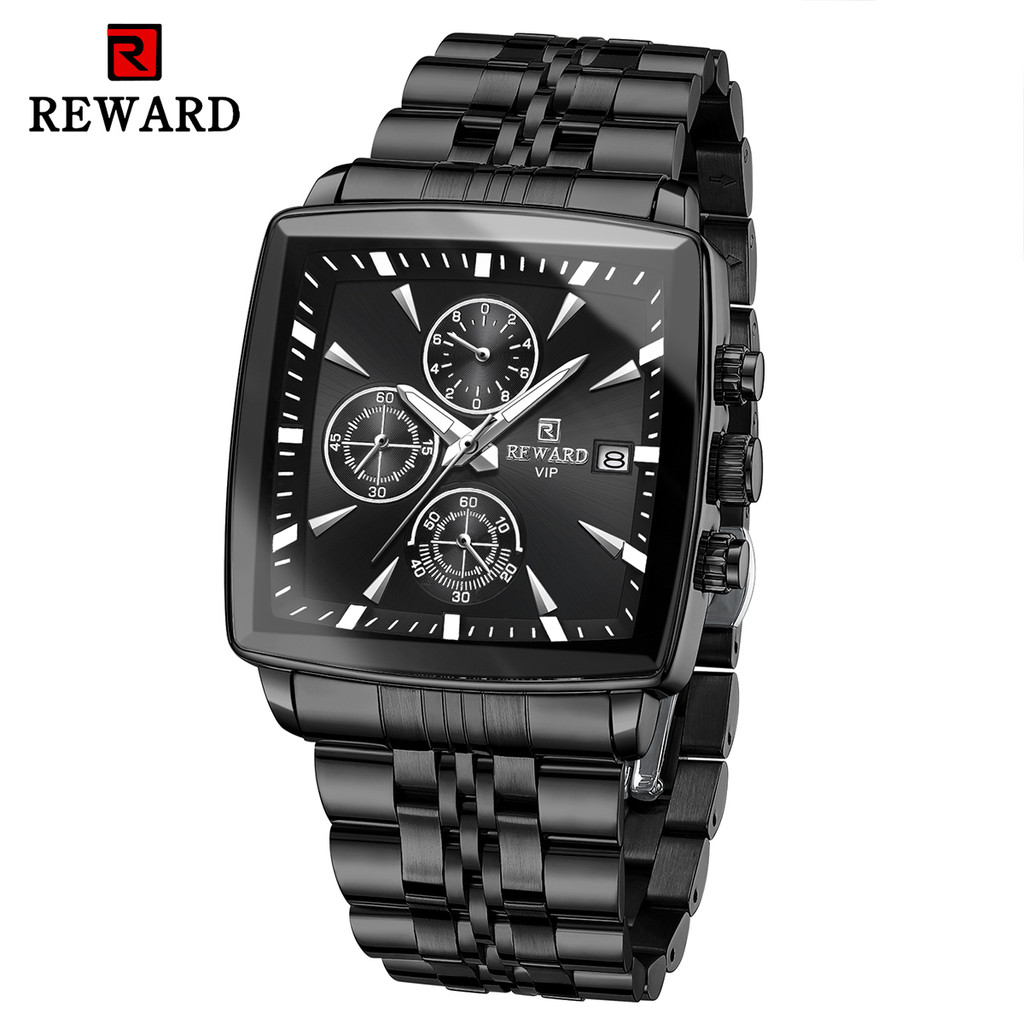 REWARD Black Rectangle Men's Watches Quartz Wristwatches Luxury Business Watch Clock Luminous Hands 