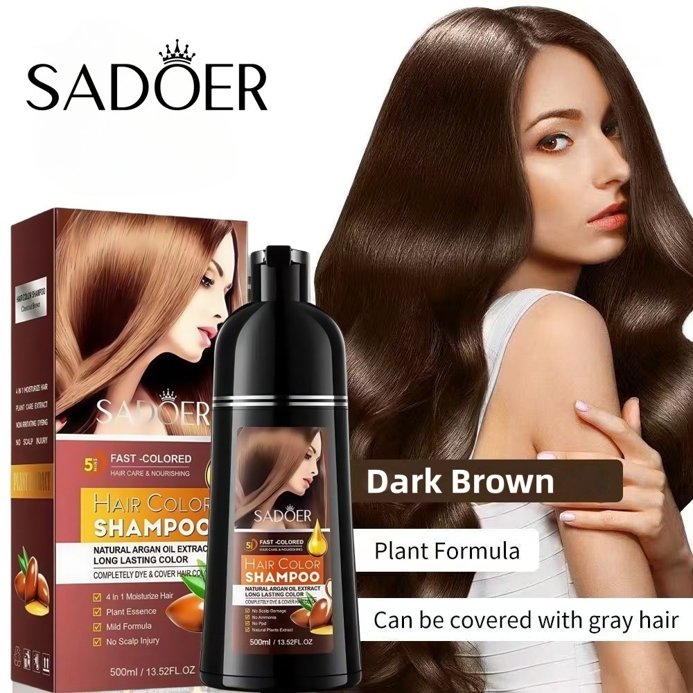 SADOER Pewarna Rambut 500ml Shampo Penghitam Rambut Uban Brown Extract Gingseng Hair Dye Shampoo Hai