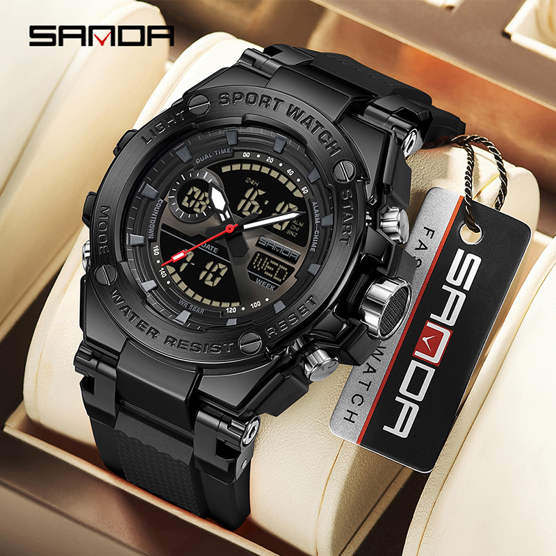 Jam tangan pria SANDA jam tangan kuarsa elektronik jam tangan kuarsa kaca multifungsi pria keren