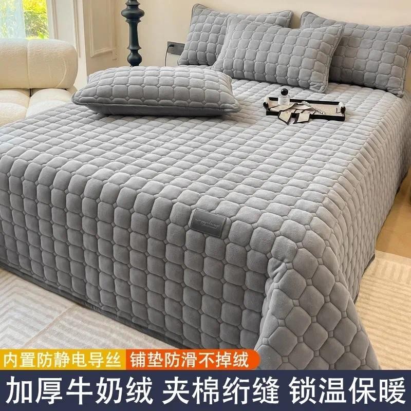 Thicken Quilted Warm Flannel Velvet Mattress Topper Couple Luxury Double Bed Bedspread Elastic Fitte