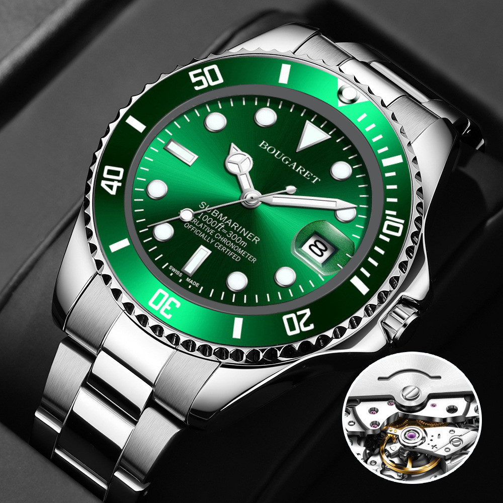 

One Piece Dropshipping Jam Tangan Olahraga Hijau Sub Tahan Air Jam Tangan Mekanik Otomatis Anti-Palsu Kalender Pria Bercahaya