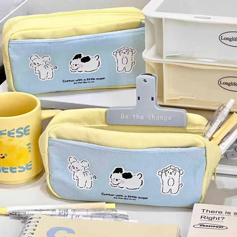 

Ins Cute Cream Yellow Blue Cartoon Three Puppy Pencil Case Large Capacity Stationery Storage Bag Back To School Supplies