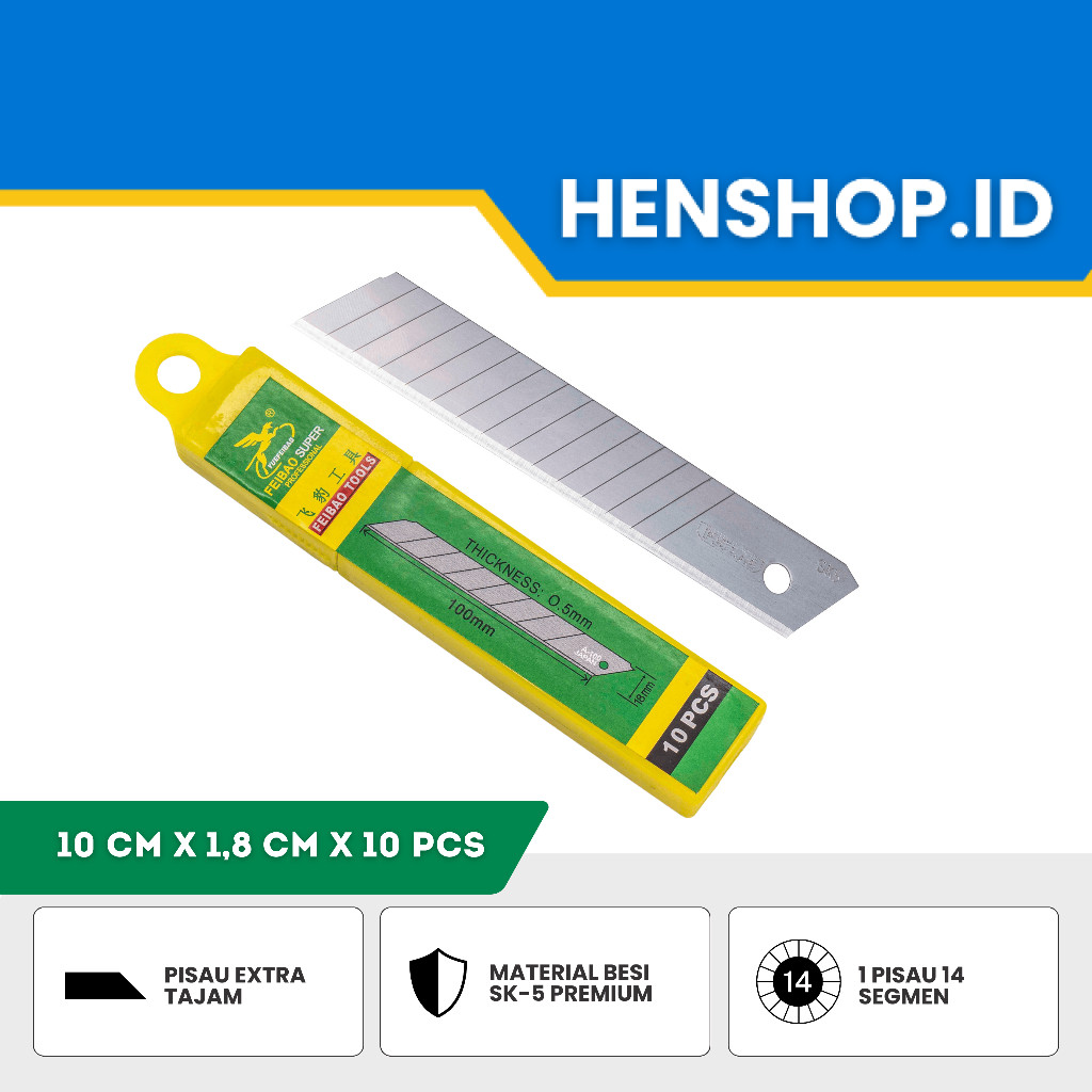 

Feibao Refil Isi Pisau Cutter / Isi Ulang Cutter / Knife Blade Refill 10 PCS / Besi Premium SK-5 / 14 Bagian / F32-0098A