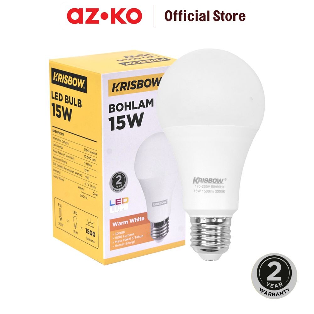 Azko Krisbow Lumi Bohlam Led 15 Watt 1500Lm Warm White - Kuning Bulb Lampu Indoor Outdoor Light Led