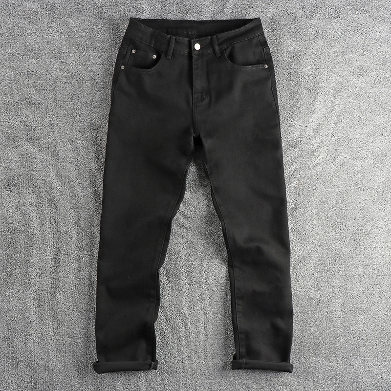 13oz High Quality American Black Cropped Jeans Men Washed Micro Elastic Denim Slim Fit Straight Pant