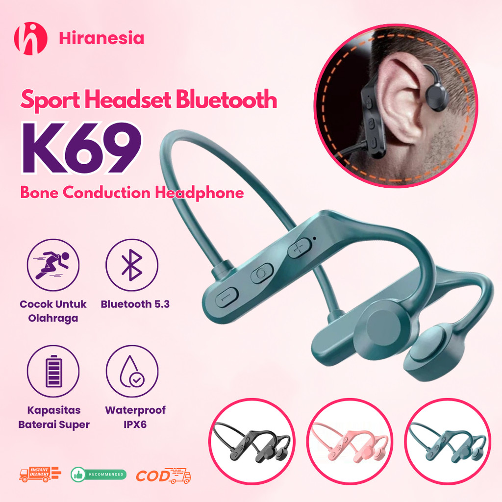 [MAKASSAR] HIRANESIA (COD) Olahraga Headphone Bluetooth konduksi tulang k69 TWS Bone Conduction Head