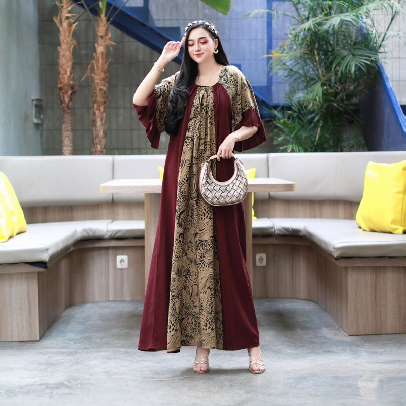 DASTER ANDIN ARAB COMBI FUJI LEOPARD DRESS || RAYON SUPER GRADE A ORI || MODEL KEKINIAN DEPAN KERUT 