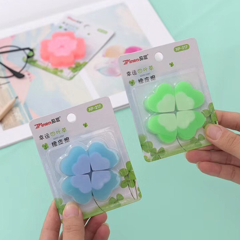 

4pcs/set Kawaii Stationery Lucky Clover Soft Eraser Pencil Rubber Gift School Supply Small Fresh Sets Erasers