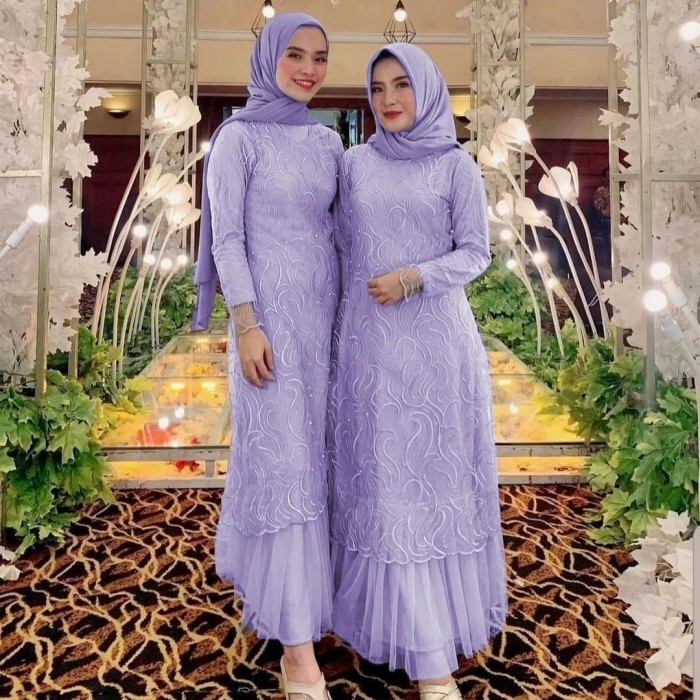 gamis genta lilac XL dress baju pesta brukat tile cantik murah ger at