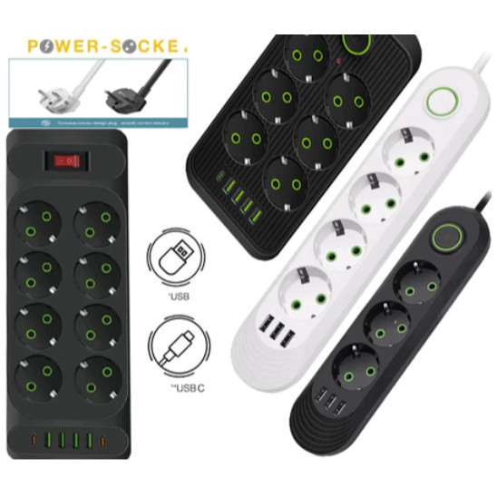 Yi Mart Colokan Stop Kontak USB Type C 3-10 Lubang Colokan Listrik EU Plug Flame 10A 220V 2500W - CS