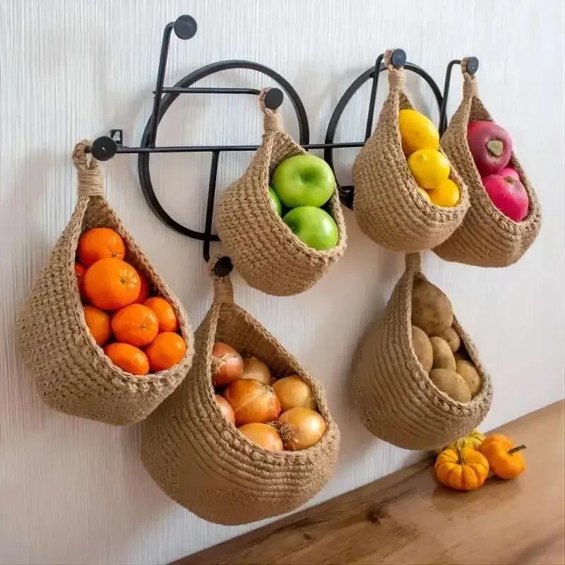 

Hanging Wall Basket Hand Woven Storage Basket Kitchen Hanging Net Pocket Waterdrop Shape Fruits Vegetable Plant Storage Net Bag