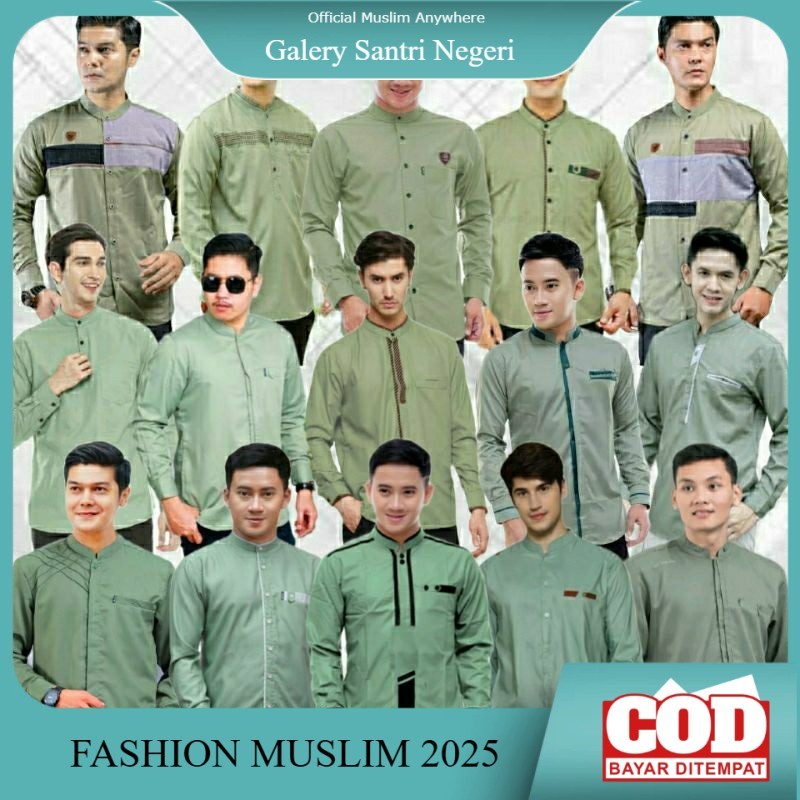 Baju Koko Pria Dewasa Lengan Panjang Spesial Warna Sage Terbaru Kemeja Baju Koko Muslim Seragam Hadr
