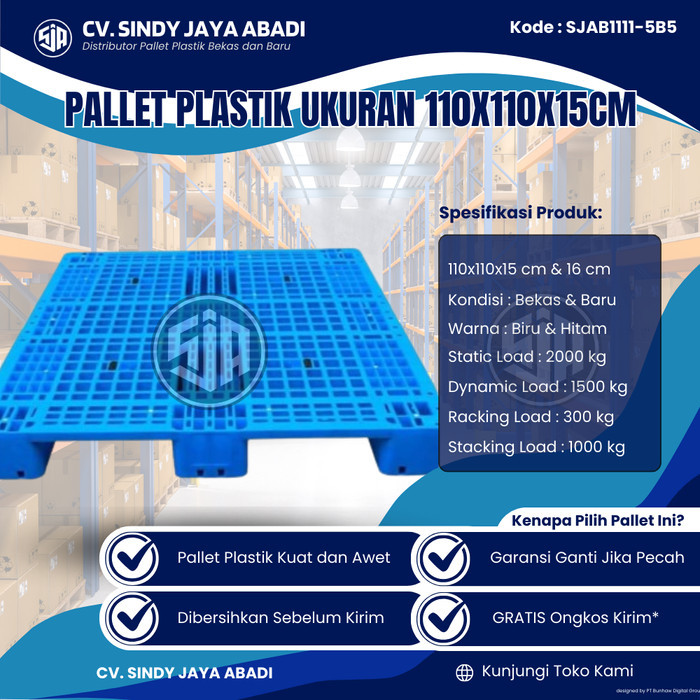 

Pallet Plastik Bekas Ukuran 110x110x15 cm - SJAB1111-5B5 / Pallet Plastik Warna Biru / type M