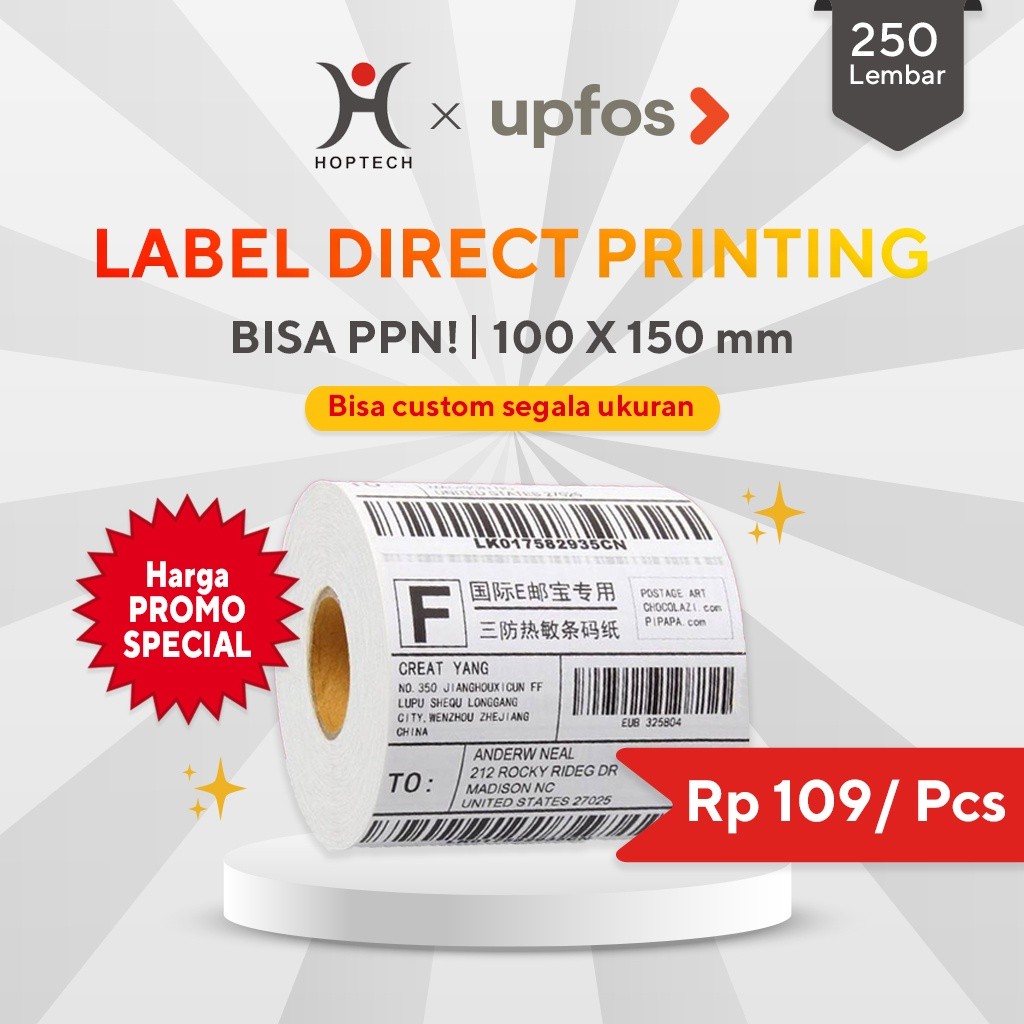 

Hoptech - label thermal label stiker barcode label pengiriman 100x150 / 250 pcs thermal