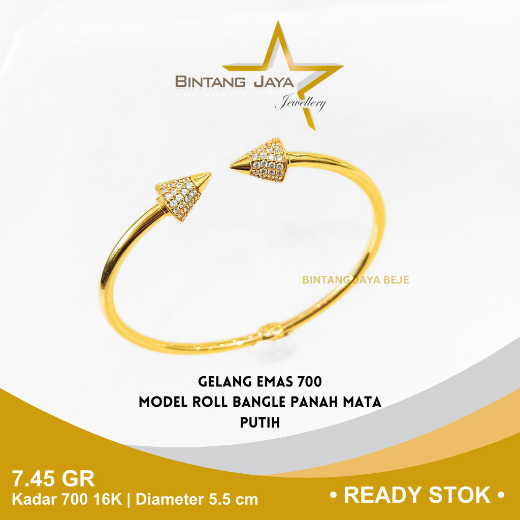 Gelang Emas Kadar 700 16K Berat 7.45 gr gram Diameter 5.5 cm Model Roll Bangle Panah Mata Putih Perh