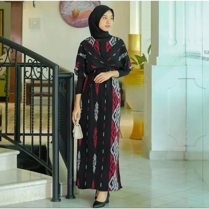 dress wanita kondangan dewasa muslim tenun etnik terbaru