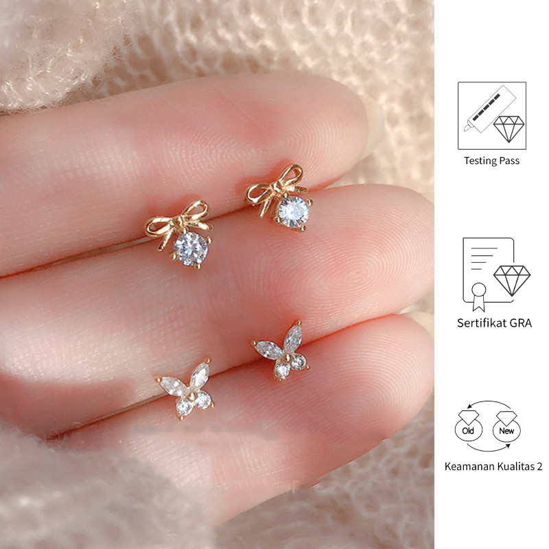 FULIN Anting Moissanite Emas Perhiasan Wanita Kupu-kupu Kecil Grosir