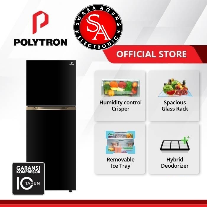 Kulkas 2 Pintu 300 Liter Polytron Type : PRM-430X - Inverter - Black Glass Door ( MEDAN )