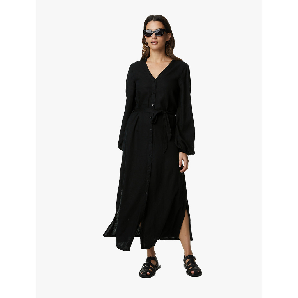 M&S - Dress Wanita - Linen Rich Embroidered V-Neck Midi Dress