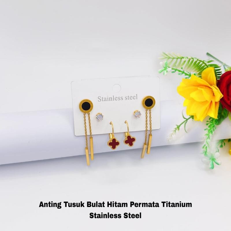 Anting Tusuk Bulat Hitam Permata Titanium Stainlees Steel