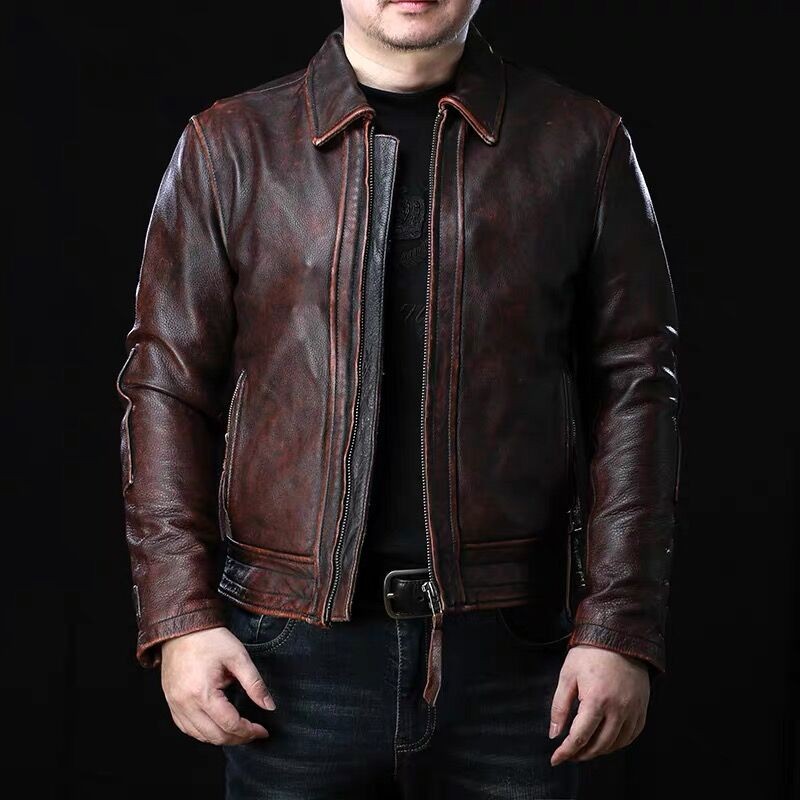 CC Shop.Vintage Brand cowhide Jacket,Classic casual genuine Leather coat.Motor Rider leather wear.Re
