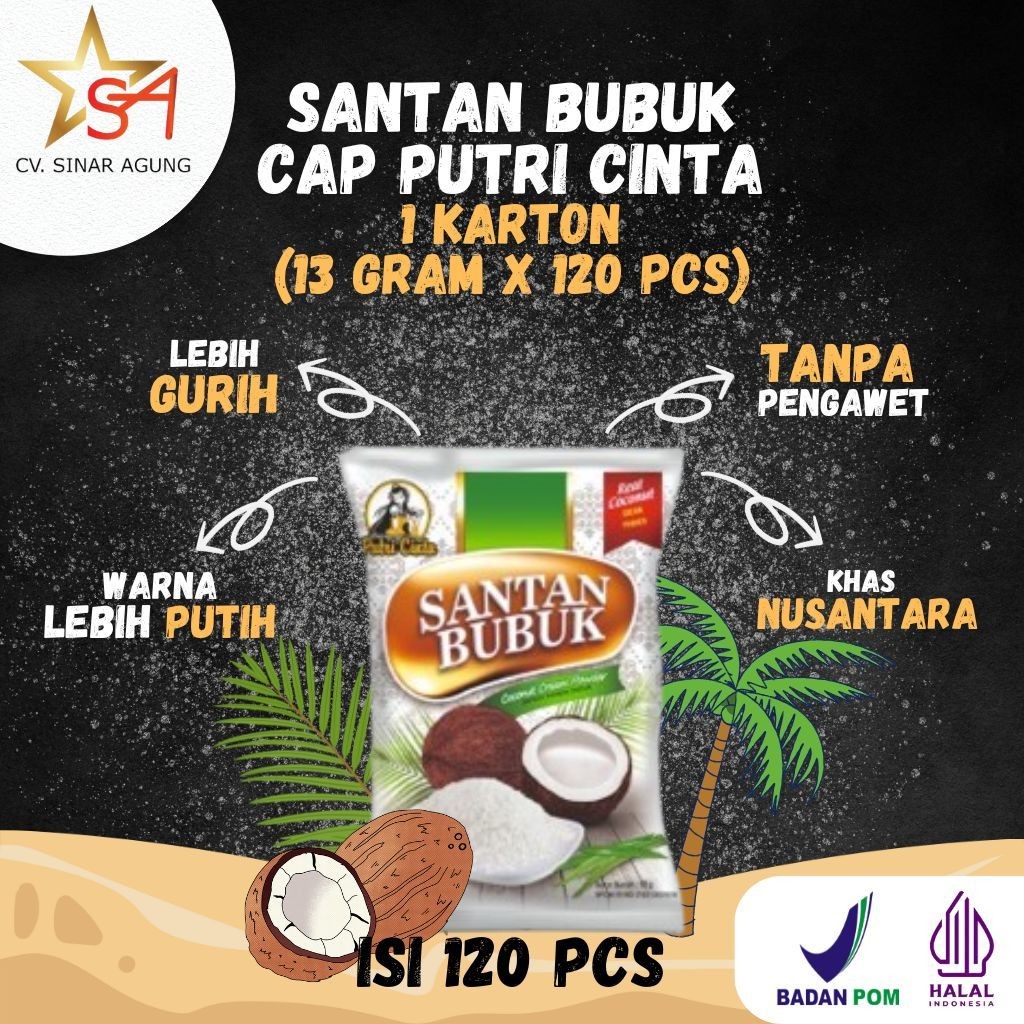 

[SANTAN KARTON] Santan Bubuk Putri Cinta Putih Gurih Tanpa Pengawet 13 GRAM (1 KARTON/120 PCS)