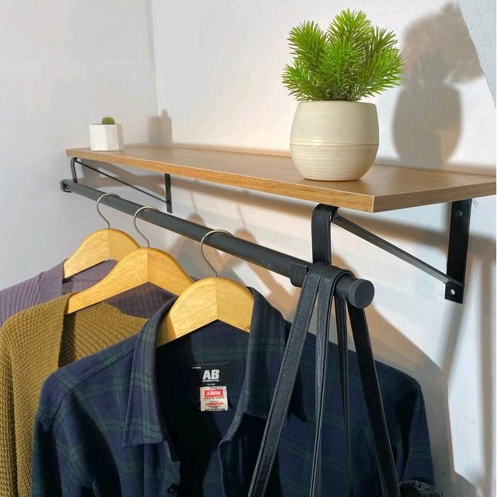 Promo Rak dinding besi lemari baju Ambalan Hambalan gantung serbaguna 60x20cm Gantungan Kayu - putih