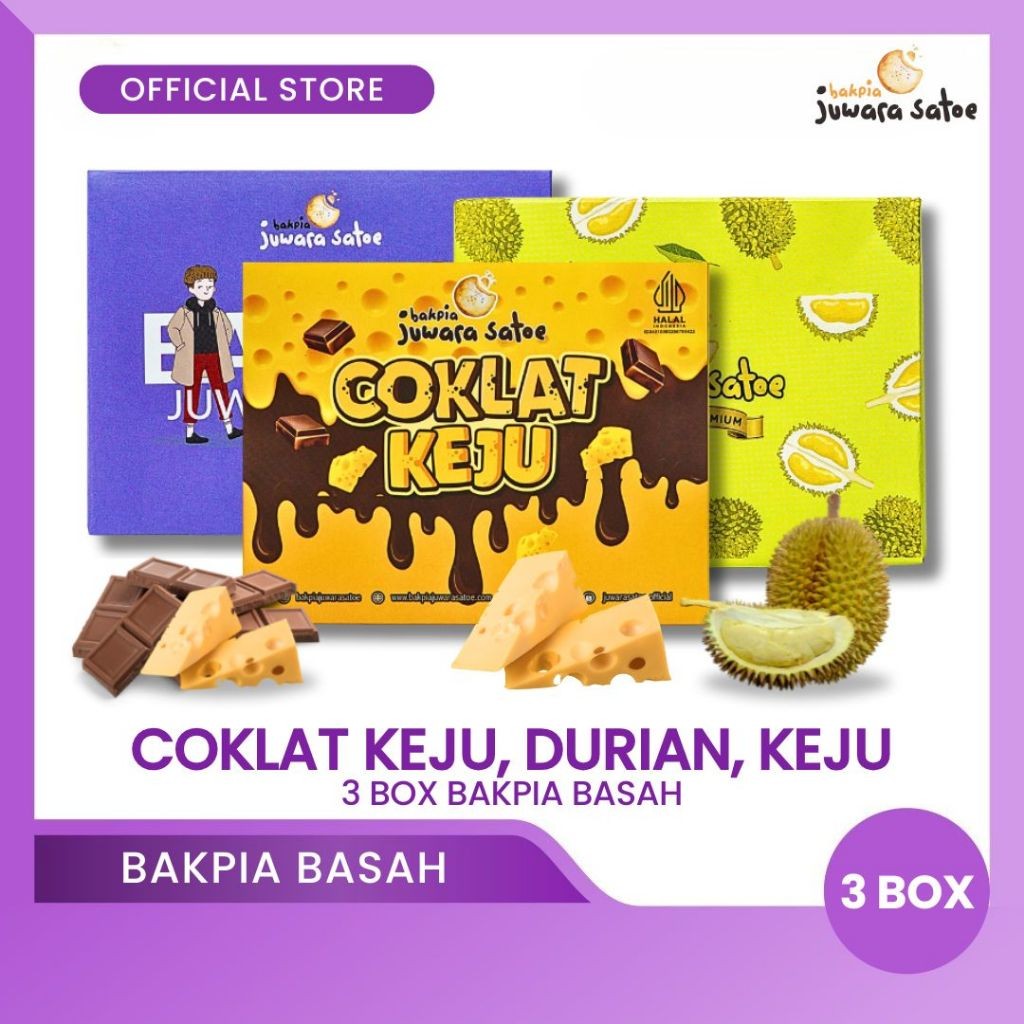 

BAKPIA JUWARA SATOE [ 3 Box ] Paket Bakpia Basah (Coklat Keju, Durian, Keju) - Oleh Oleh Khas Jogja