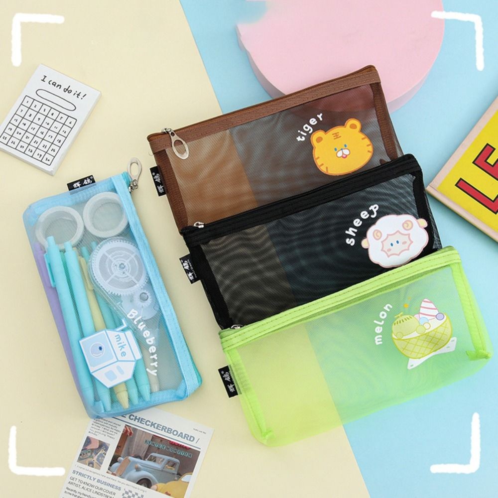 

Cartoon Mesh Pencil Case Cute Transparent Cosmetic Storage Bag Nylon Mesh Breathable Stationery Storage Bag Office Supply