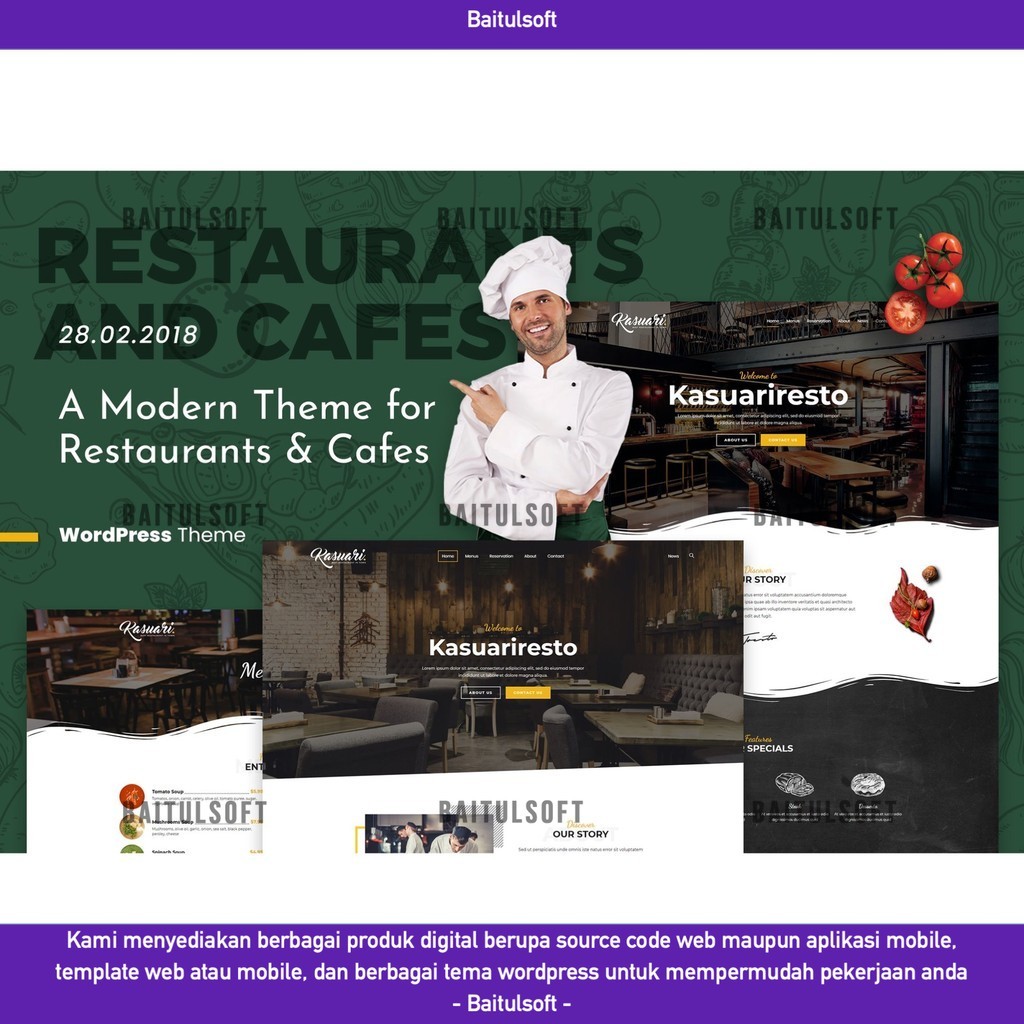 TEMA WEB KASUARI | RESTAURANTS AND CAFES WORDPRESS THEME D5128 BAITULSOFT LISENSI ORIGINAL FULL VERS