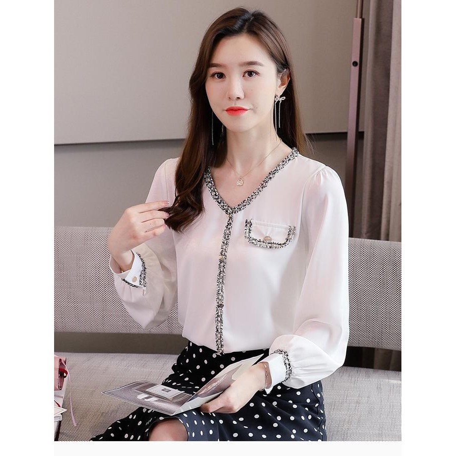 cod blouse wanita korea warna putih T6941/atasan lengan panjang putih import