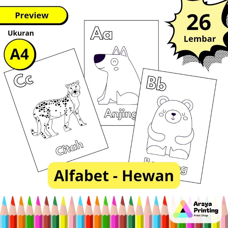 

26 Lembar Kertas Mewarnai Anak Tema Hewan berdasarkan Alfabet A-Z Ukuran A4claraa aurel
