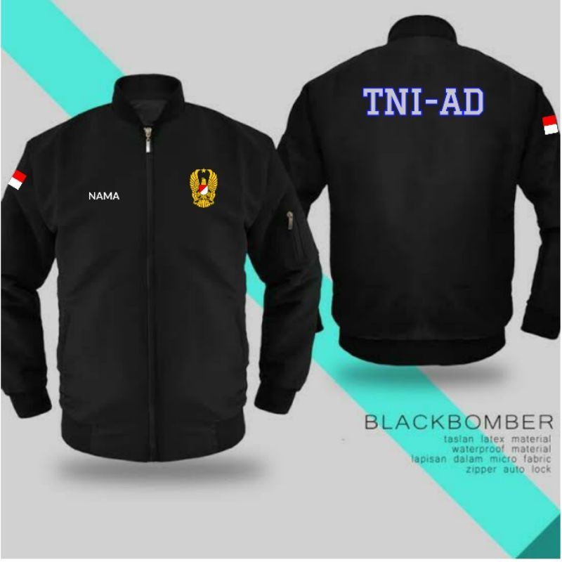 JAKET BOMBER HITAM LOGO TNI-AD FREE NAME SIMPLE KEREN