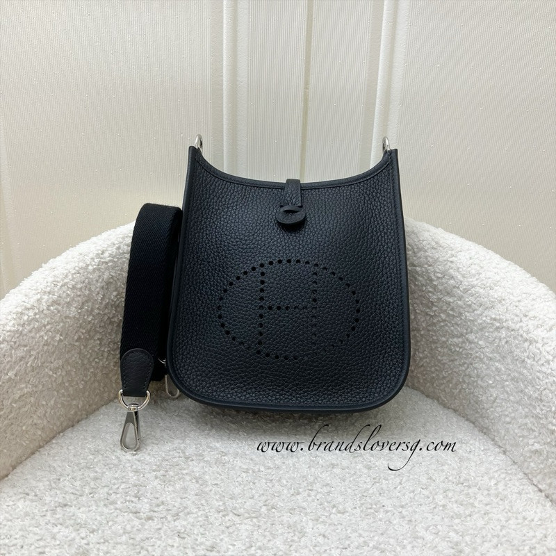 (Brand new) Hermes Mini Evelyne 16 in Black Clemence Leather, Canvas Strap and PHW