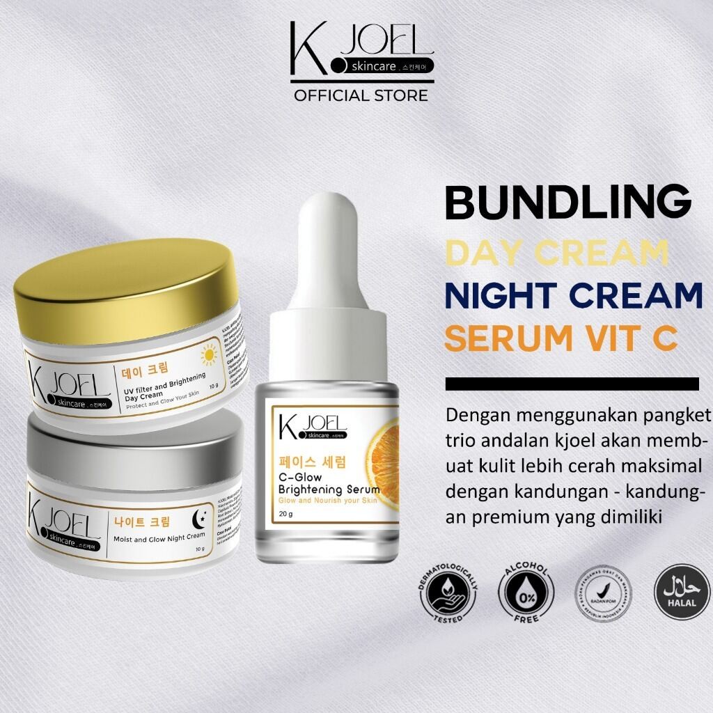 KJOEL 3IN1 PAKET BUNDLING BRIGHTENING DAY CREAM + NIGHT CREAM + SERUM - Original BPOM