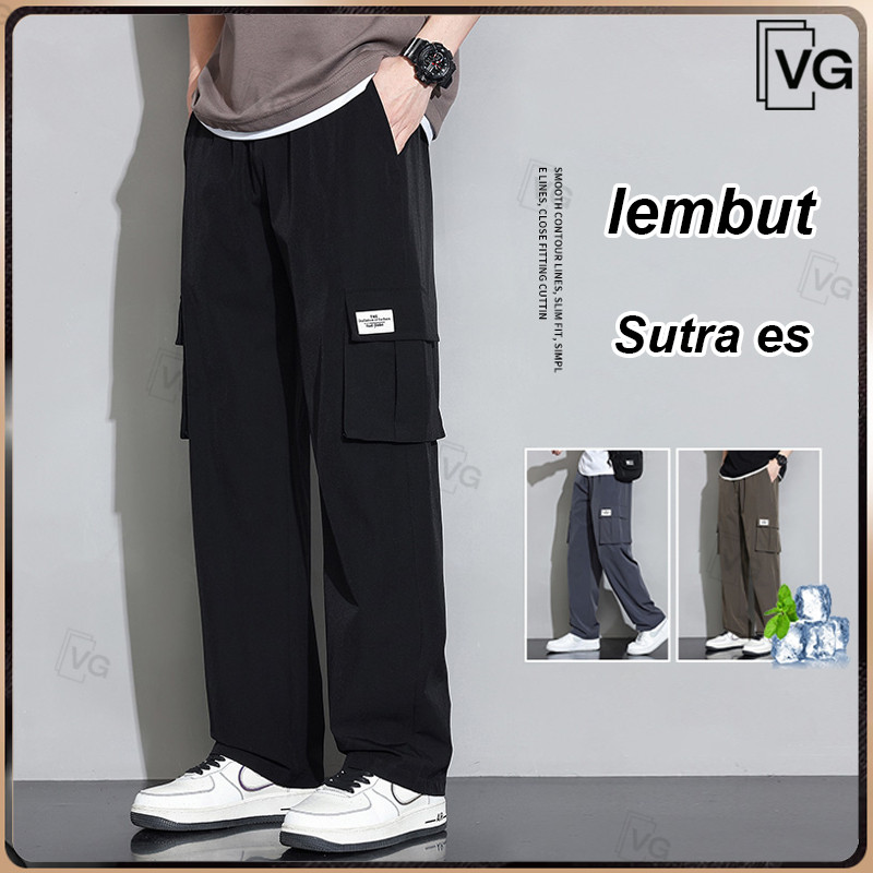 BY39DK Celana Cargo Panjang Pria Sutra es loose cargo pants Fashion cargo hitam Celana cowok korean 