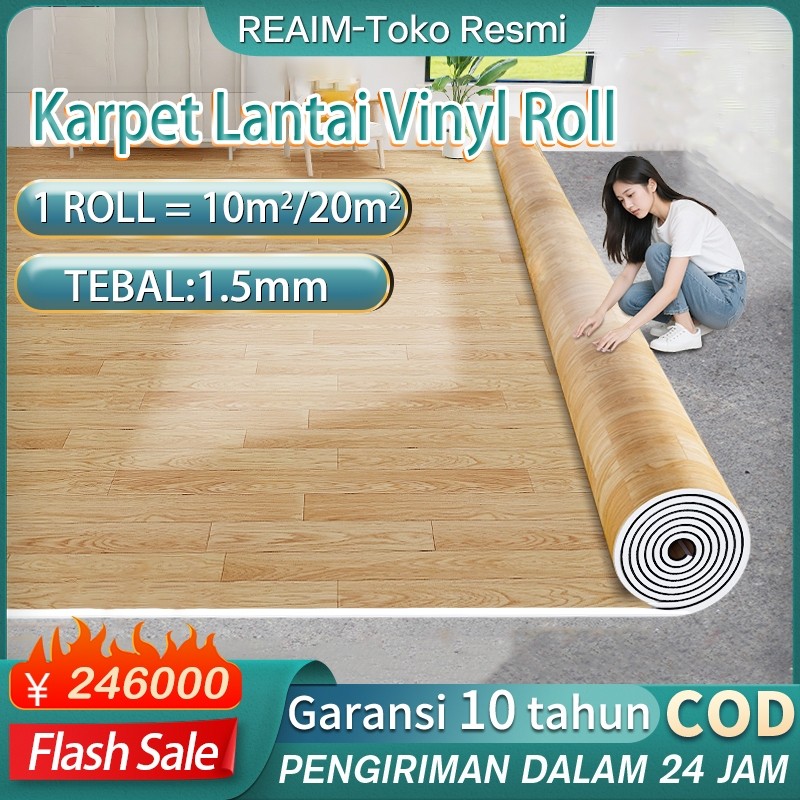 Reaim Karpet Lantai Vinyl Roll aesthetic Gulungan Motif Kayu 1Roll 20m² Tebal 1.5 mm Ukuran 2 x 10me