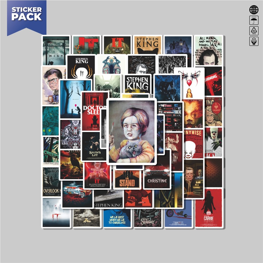 

[100PCS]Stiker Pack Stiker Poster Film/Novel Karya Stephen King Aesthetic Vinyl Anti Air Dekorasi Sticker Laptop Buku Journal Koper Helm Casing HP Gitar Helm Skateboard