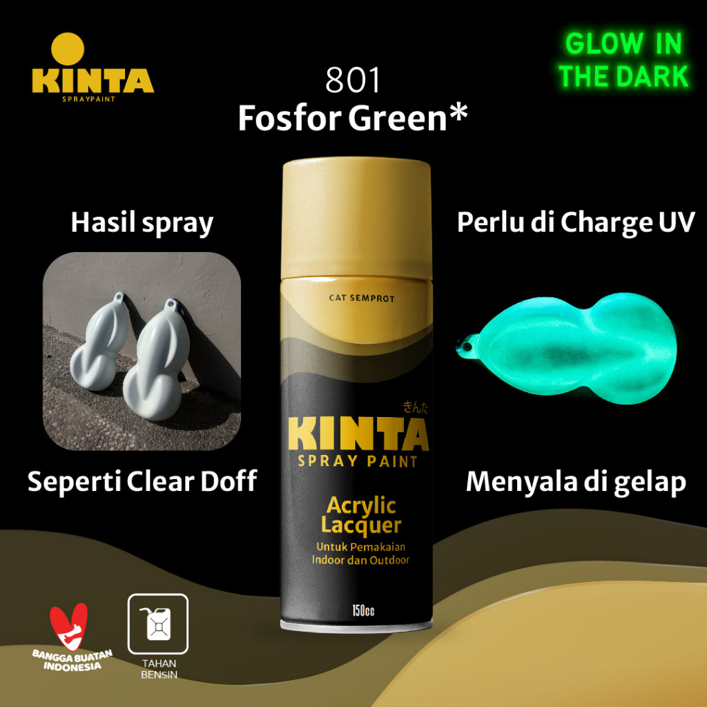 Terlaris (FOSFOR) 801 FOSFOR GREEN* - KINTA Cat GLOW IN THE DARK semprot / Pilox / Spray paint 150cc