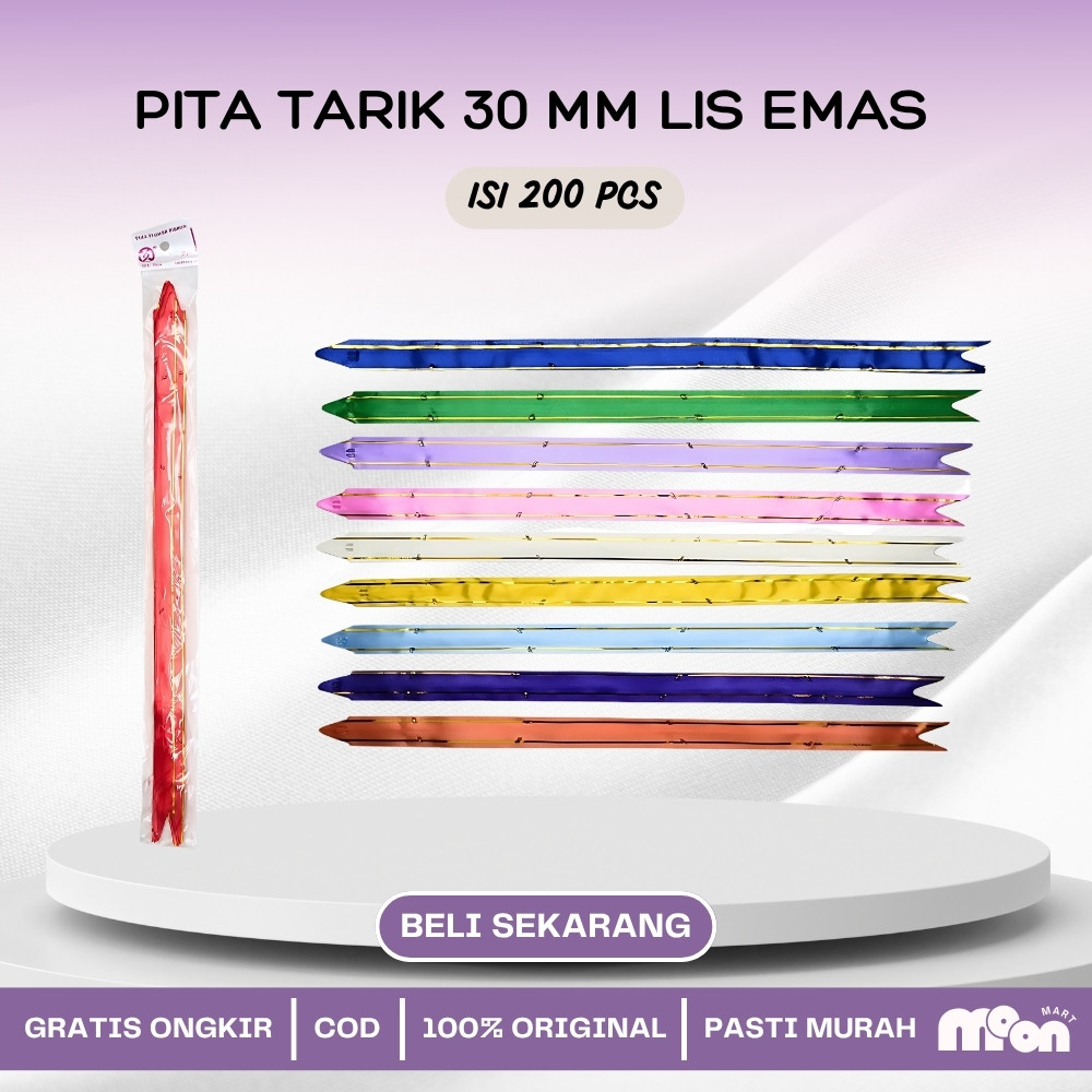 

1 Bungkus isi 200 Pcs Pita TARIK LIS EMAS 30 mm Serut Parcel Kado Souvenir GOLD STRIPE LACE 30 mm