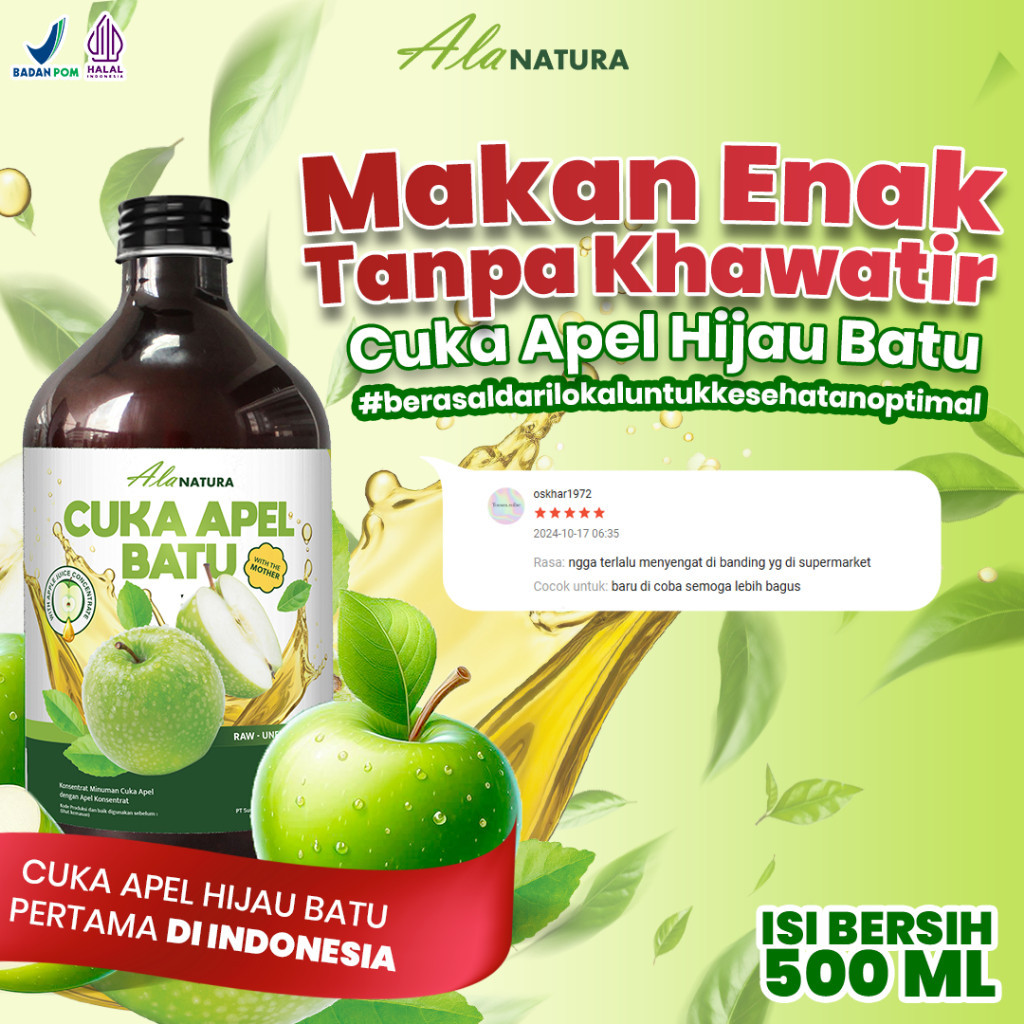 

Cuka Apel Batu Ala Natura Apple Cider Vinegar Paket 1 Botol Imun Kuat Halal dan BPOM