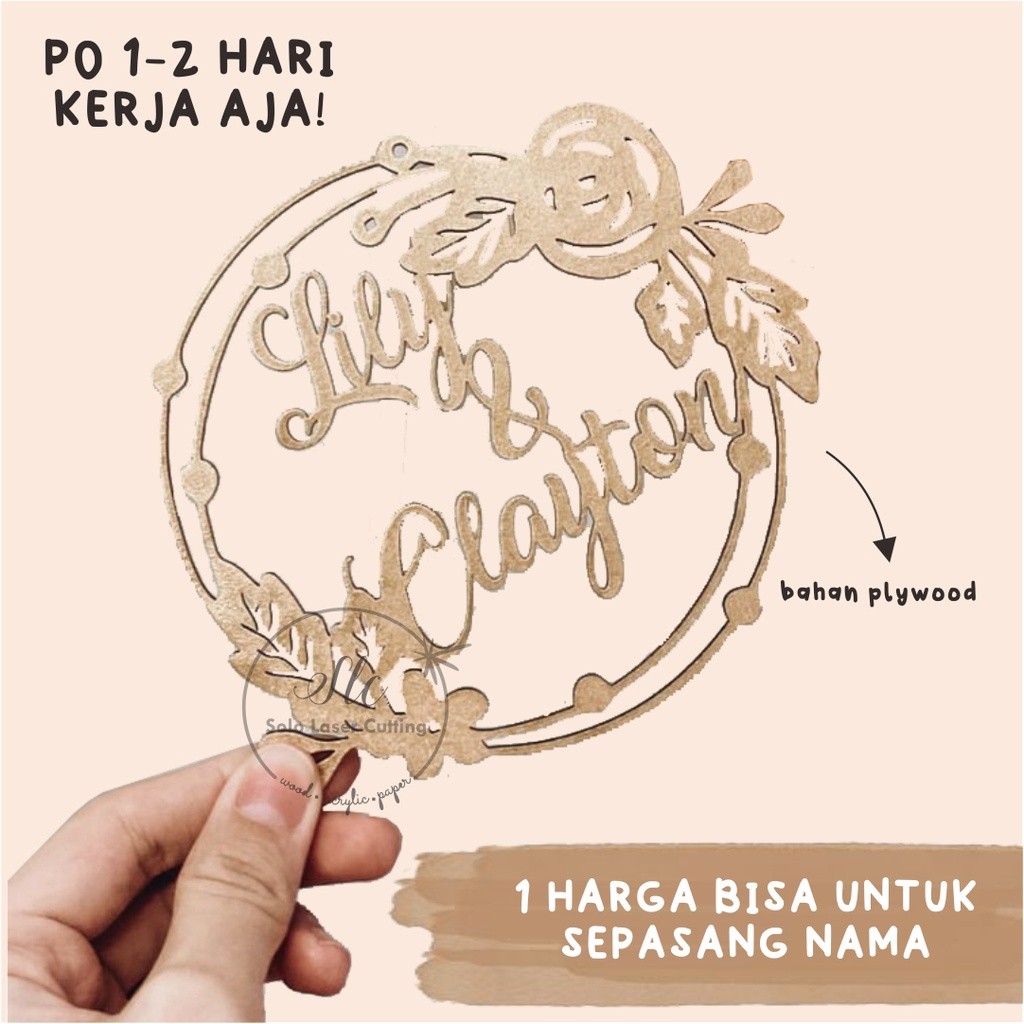 kayu Custom Nama Bingkai Daun Bunga UKIRAN KAYU BULAT NAMA DAUN BUNGA DEKORASI BINGKAI MAHAR PERNIKA