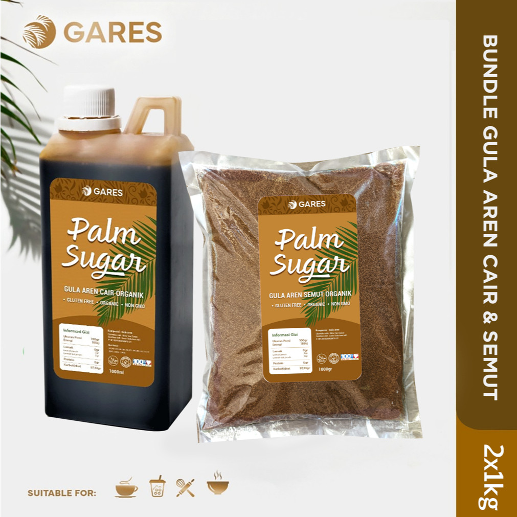 

(Gares) Gula Aren Asli Semut 1 Kg + Gula Aren Cair 1 L | 100% Organik | Isi 2 / 2Kg (Starter Pack)
