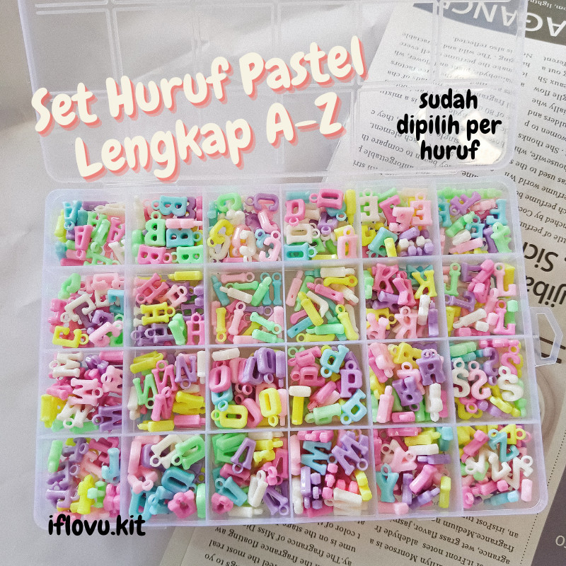 Set Huruf Pastel Lengkap Bonus Grid Box | Liontin Huruf Mote inisial kalung gelang kalung mutiara | 
