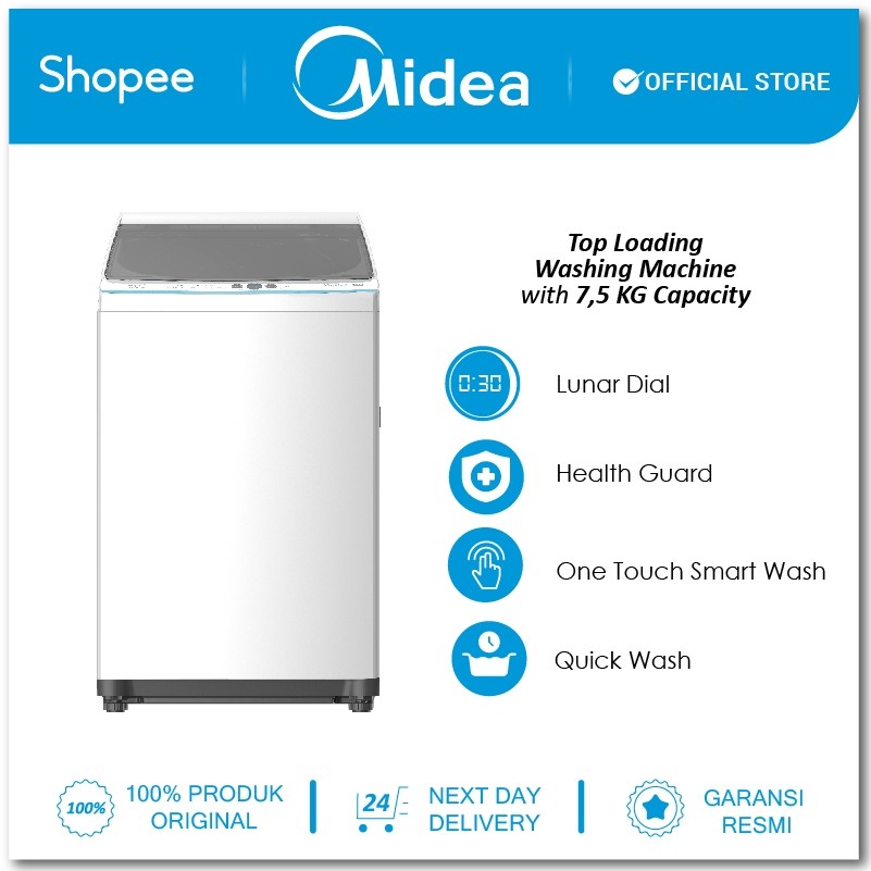 Midea Mesin Cuci Top Loading 7 KG / 8 KG 1 Tabung Hemat Air Otomatis Putih Garansi Resmi MA100W75
