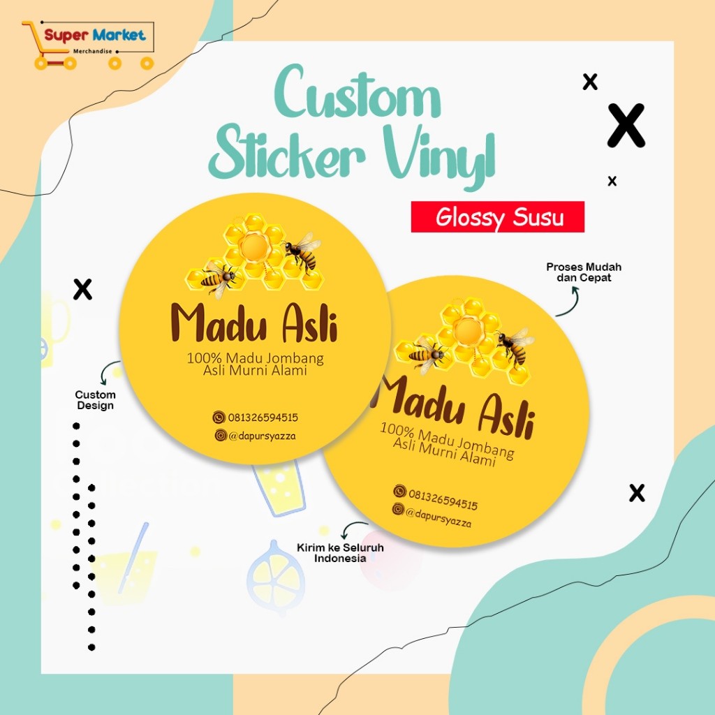 

CETAK STIKER VINYL GLOSSY ANTI AIR - CUTOM STICKER BULAT LEBARAN MAKANAN LABEL KEMASAN BOTOL TOPLES KUE