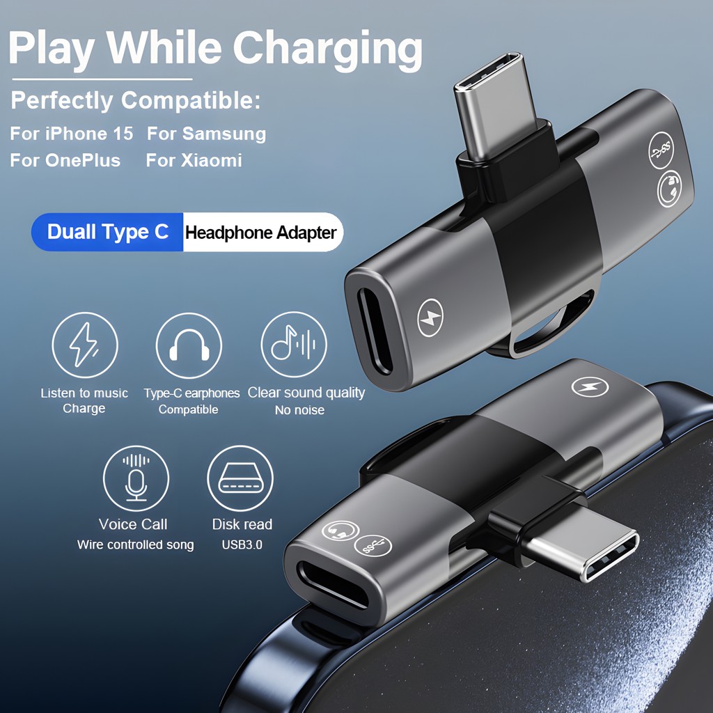 2 in 1 OTG USB Type C Splitter to Type C Jack AUX Audio DAC 32bit Headphone 15W Charger Adapter for