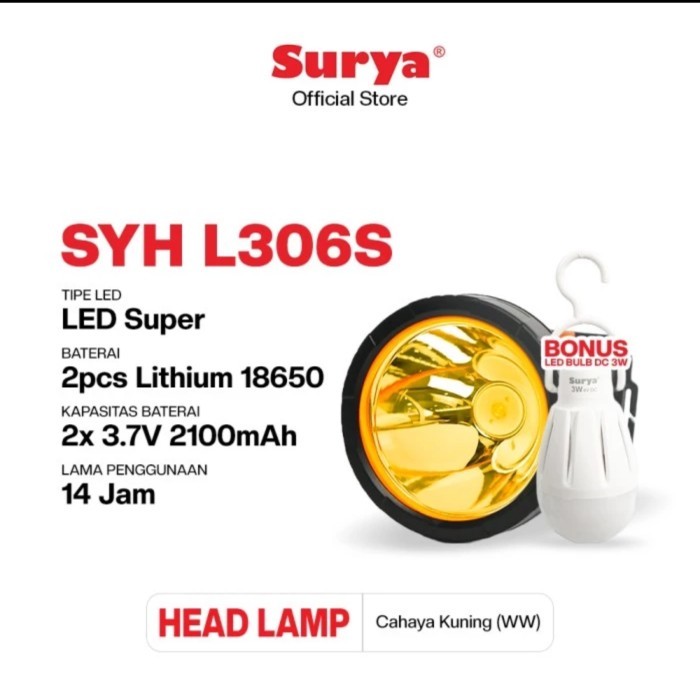 Surya SYH 306S Senter Kepala Waterproof 30w Bonus Lampu Cahaya Kuning