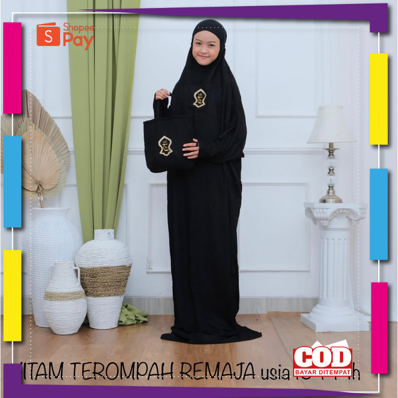 [PREMIUM ORIGINAL] Mukena HITAM PUTIH Anak Remaja usia 10-14 tahun Terompah Terusan Bali Polos Muken